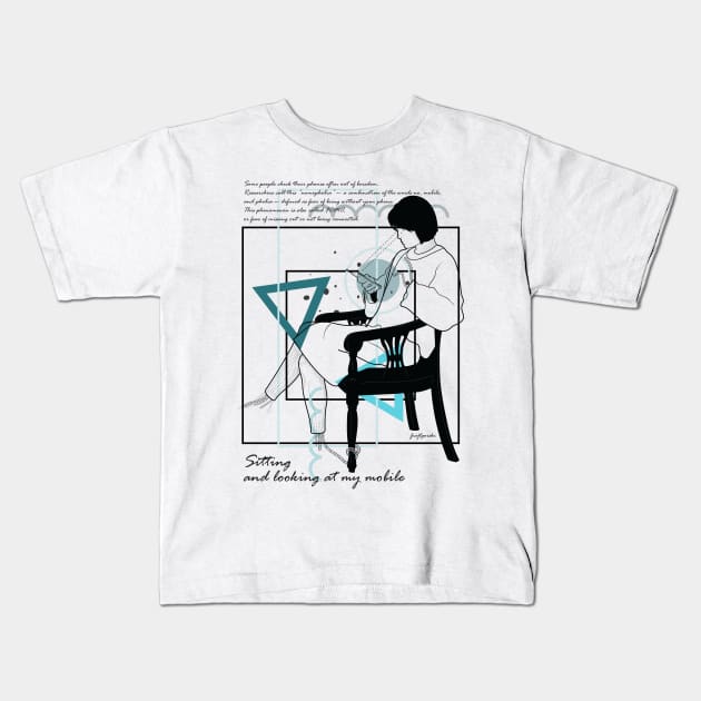 Sitting and looking at my mobile version 9 Kids T-Shirt by Frajtgorski